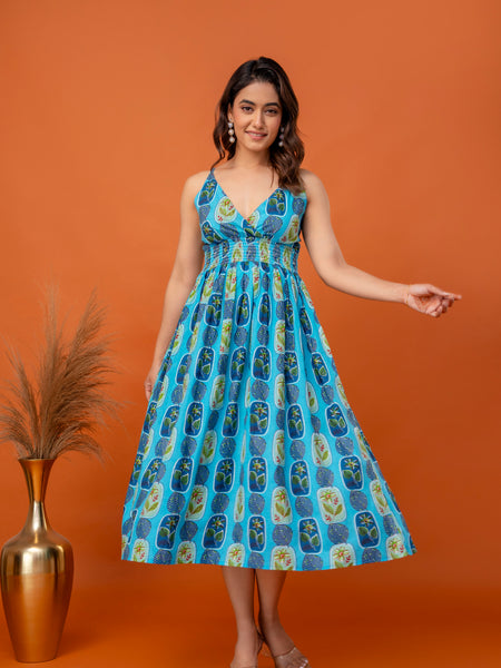 Aqua Leaf Strappy Midi Dress