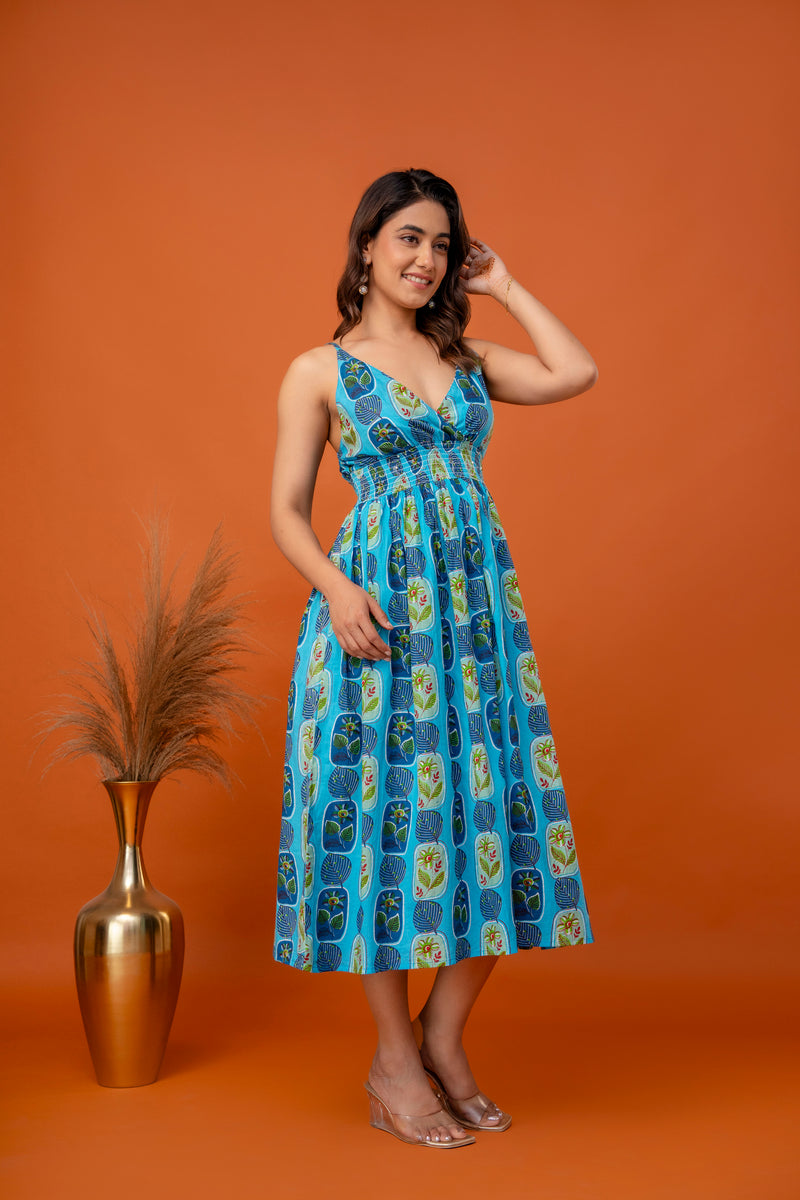 Aqua Leaf Strappy Midi Dress
