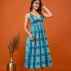 Aqua Leaf Strappy Midi Dress