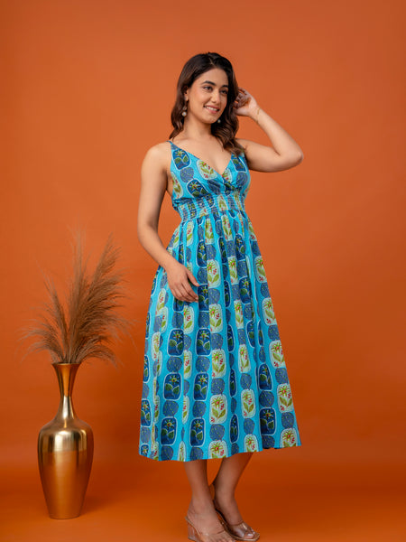 Aqua Leaf Strappy Midi Dress