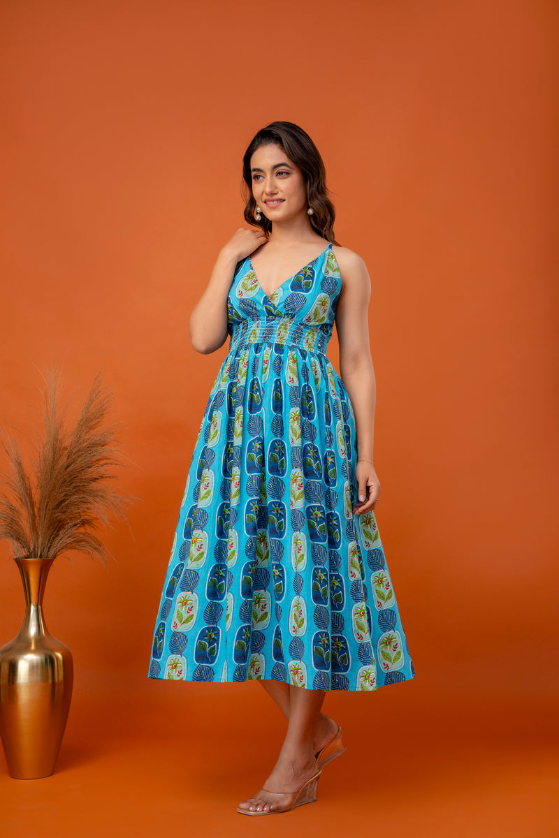 Aqua Leaf Strappy Midi Dress