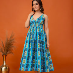 Aqua Leaf Strappy Midi Dress