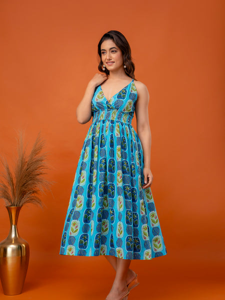 Aqua Leaf Strappy Midi Dress