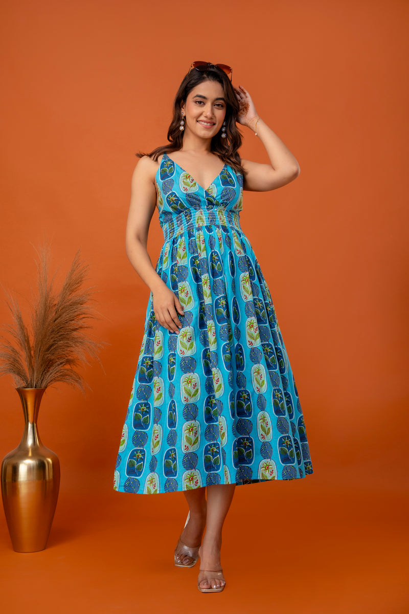 Aqua Leaf Strappy Midi Dress