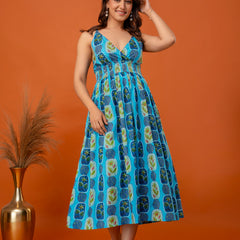 Aqua Leaf Strappy Midi Dress