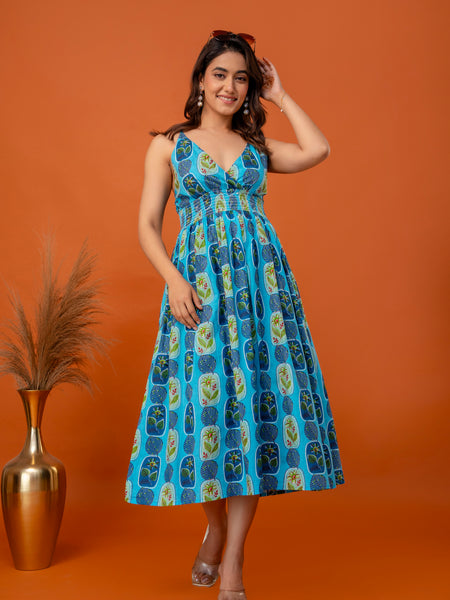 Aqua Leaf Strappy Midi Dress