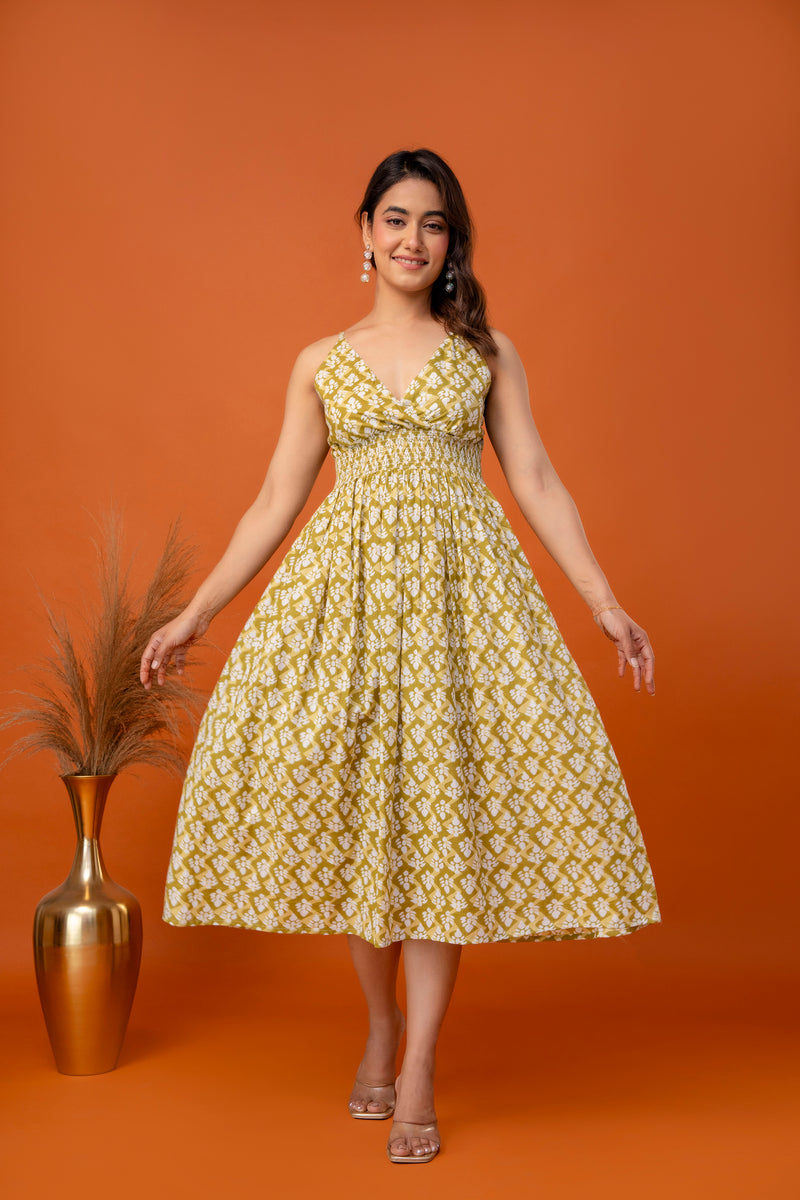 Mustard Olive Strappy Midi Dress