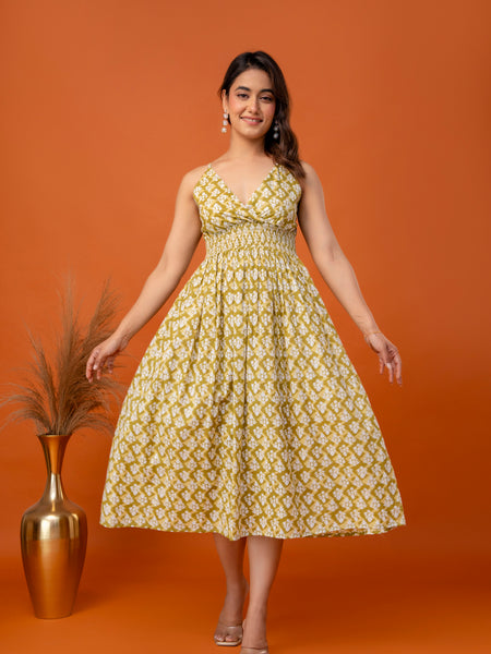 Mustard Olive Strappy Midi Dress