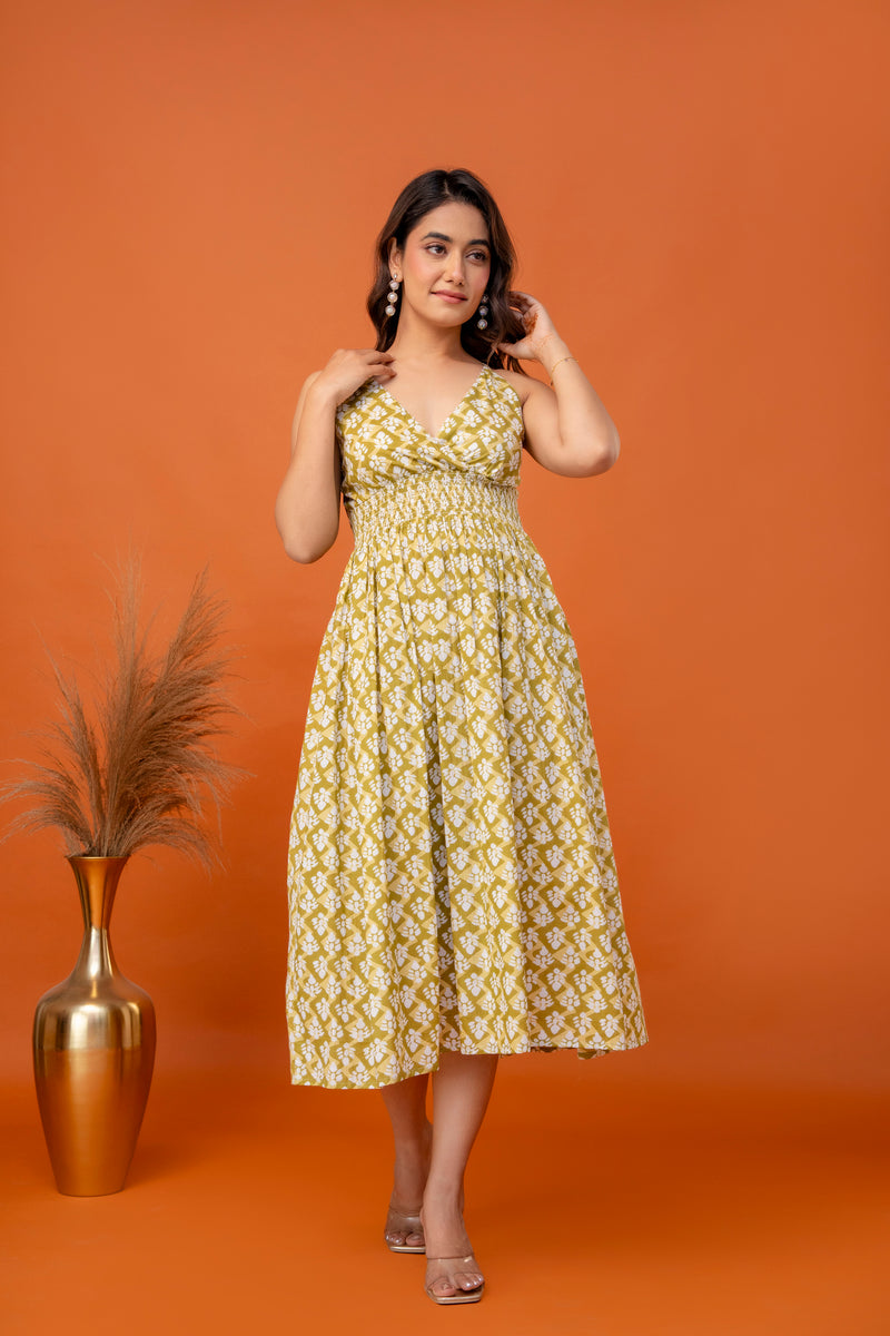 Mustard Olive Strappy Midi Dress