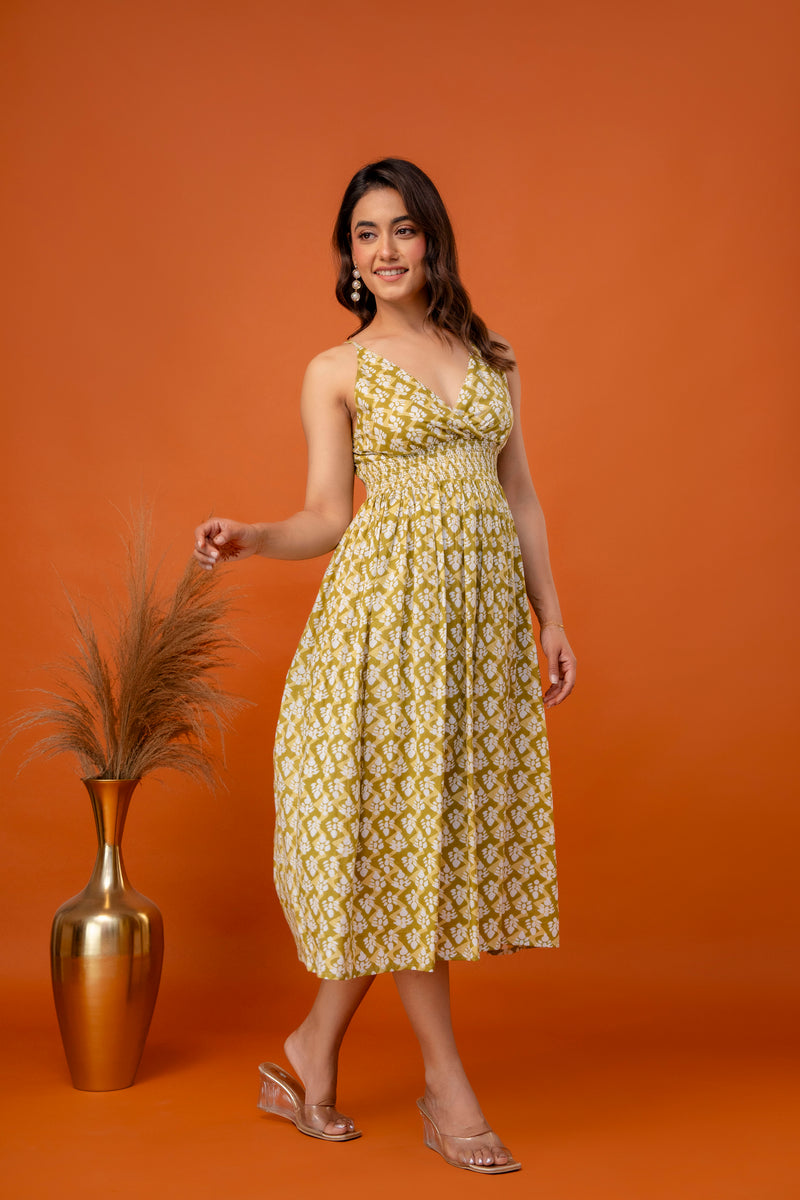 Mustard Olive Strappy Midi Dress