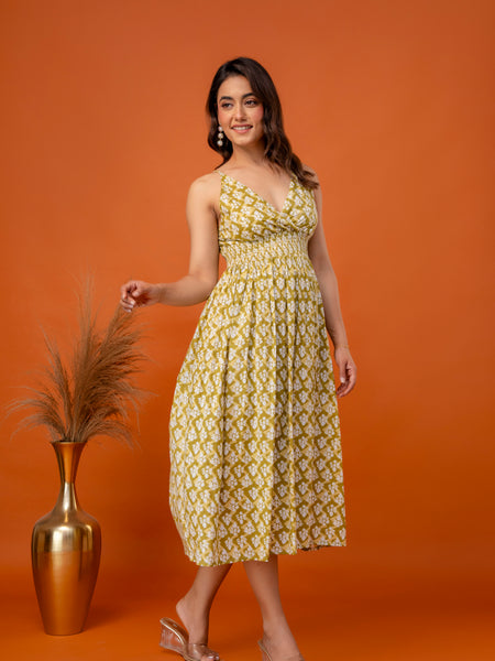 Mustard Olive Strappy Midi Dress