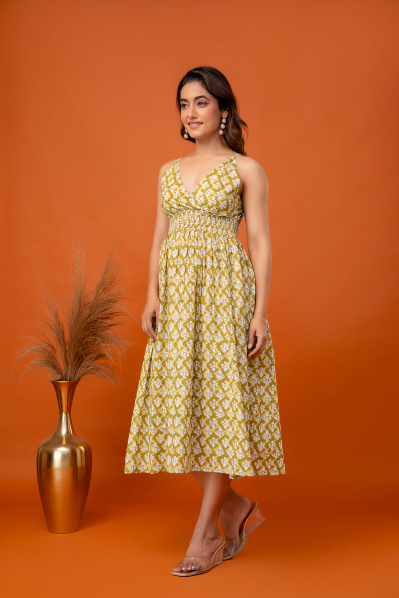 Mustard Olive Strappy Midi Dress