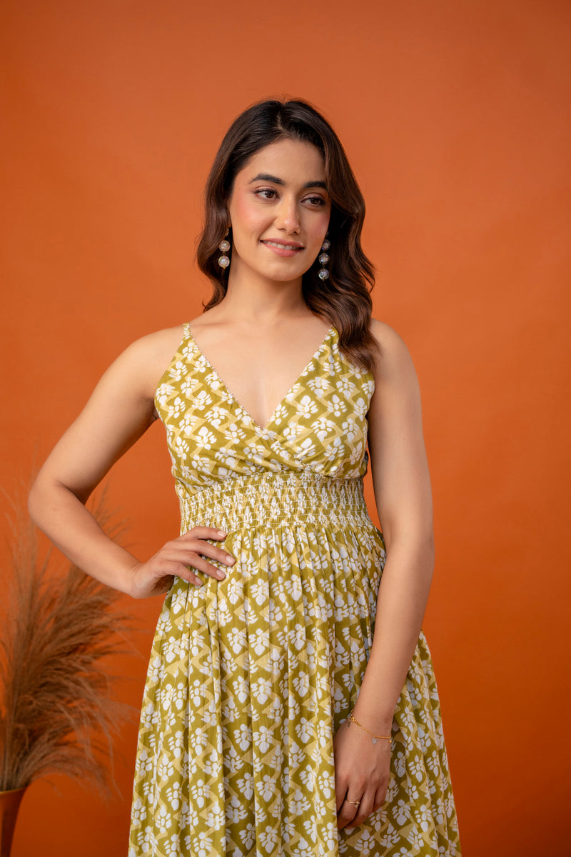 Mustard Olive Strappy Midi Dress