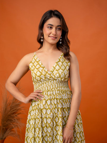 Mustard Olive Strappy Midi Dress