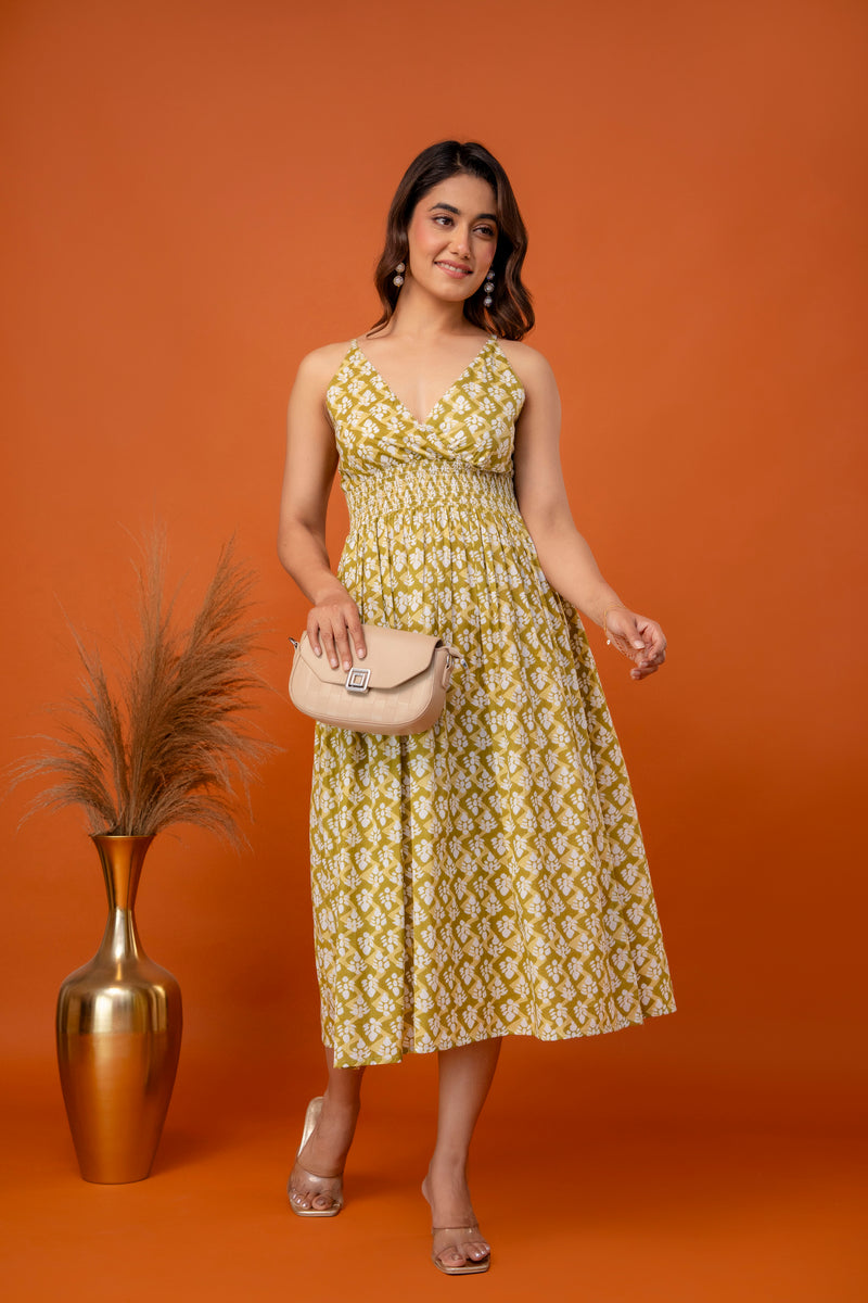 Mustard Olive Strappy Midi Dress