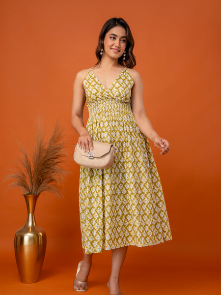 Mustard Olive Strappy Midi Dress