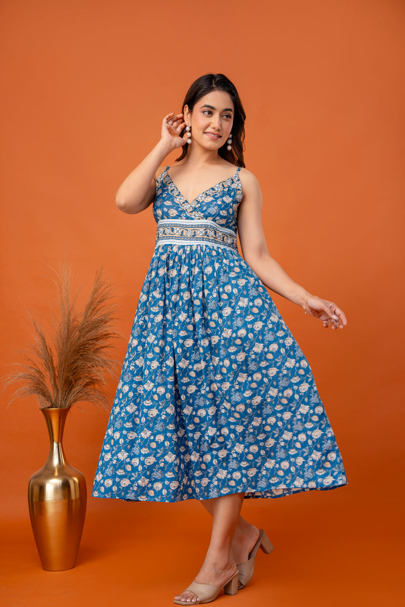 Teal Blossom Strappy Midi Dress
