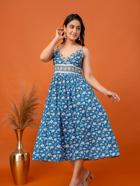 Teal Blossom Strappy Midi Dress
