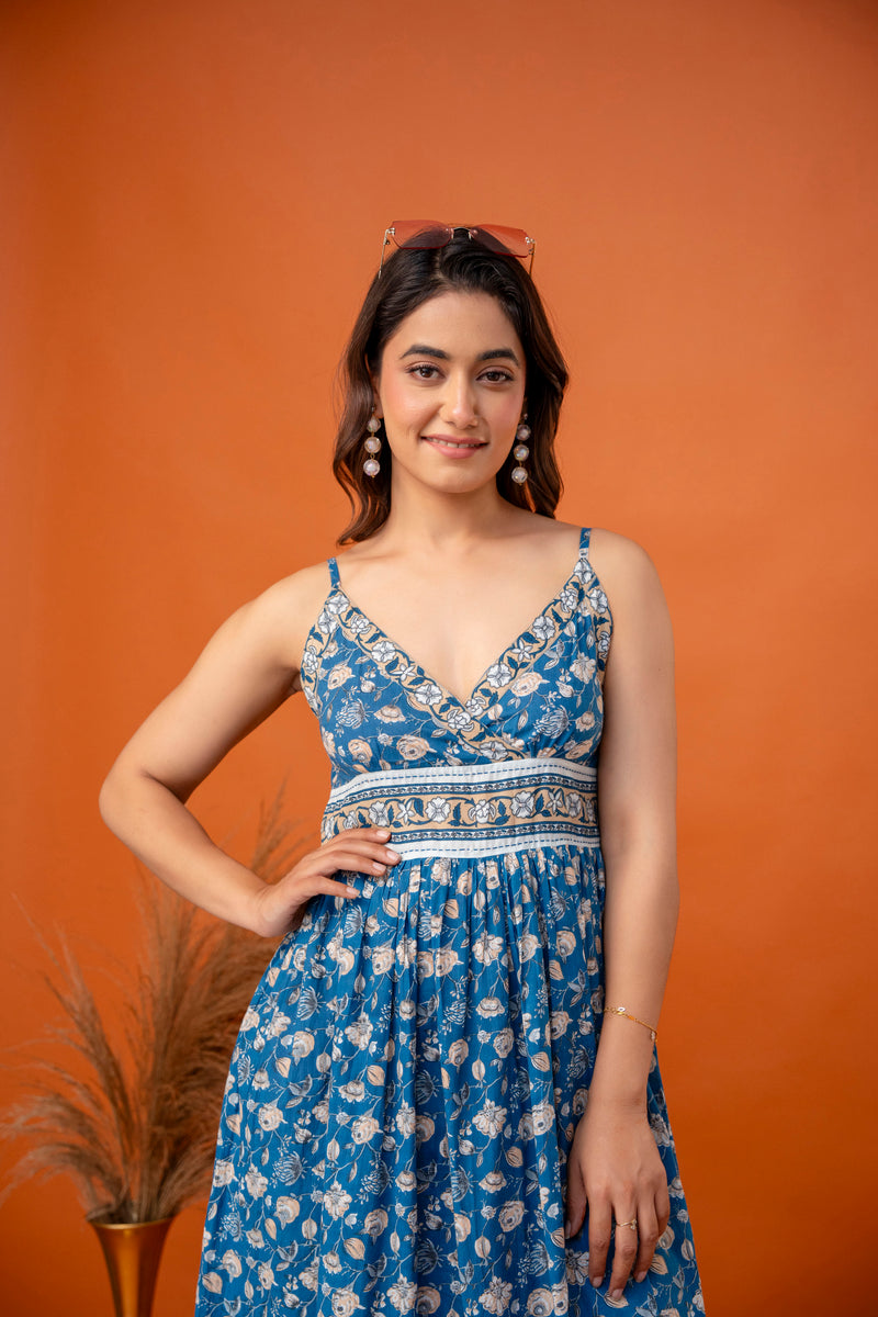 Teal Blossom Strappy Midi Dress