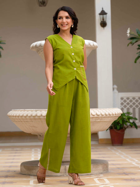 Slub Embroidered Grace Co-ord Green