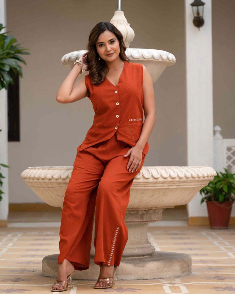 Slub Embroidered Grace Co-ord Orange