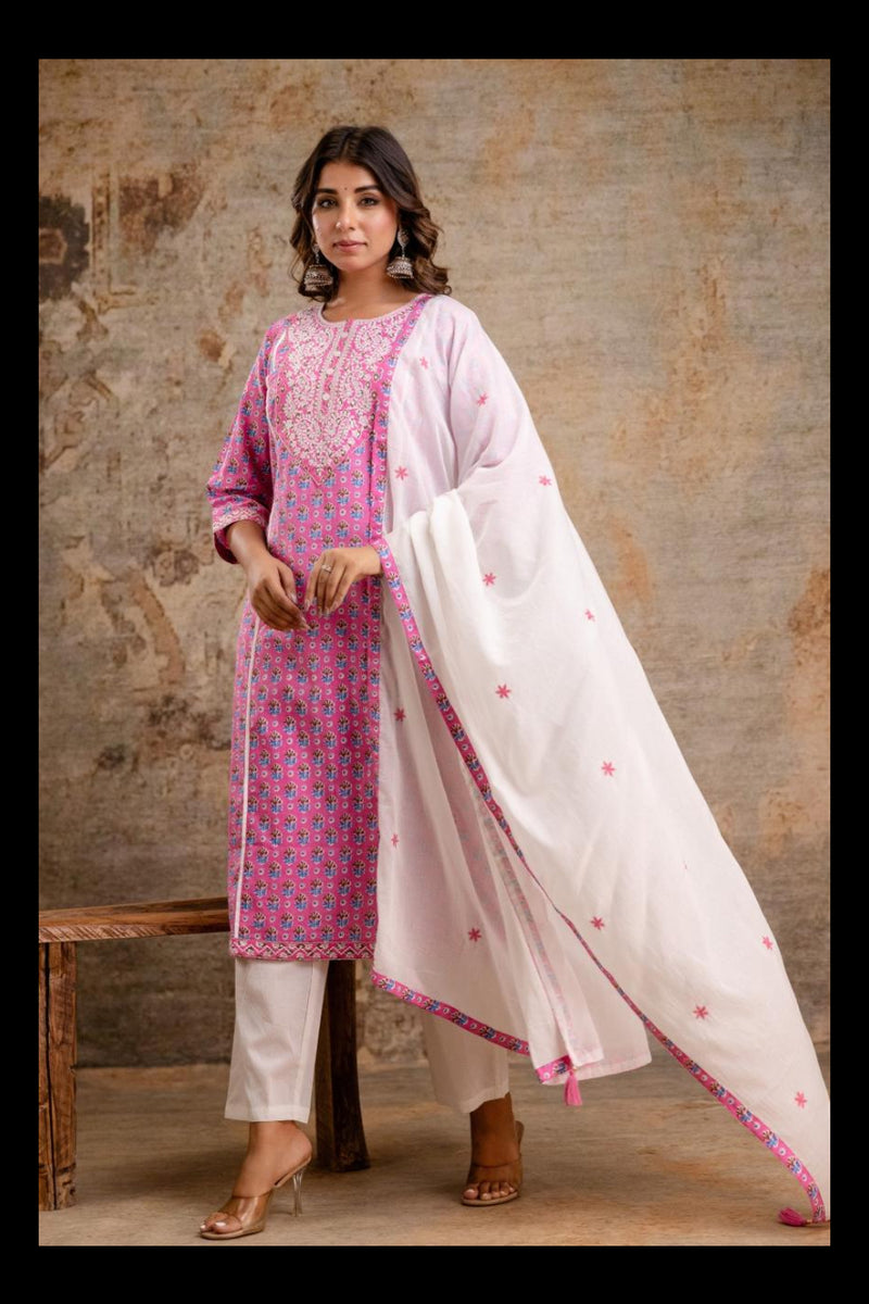 Ruby Blossom Cotton Kurta Set
