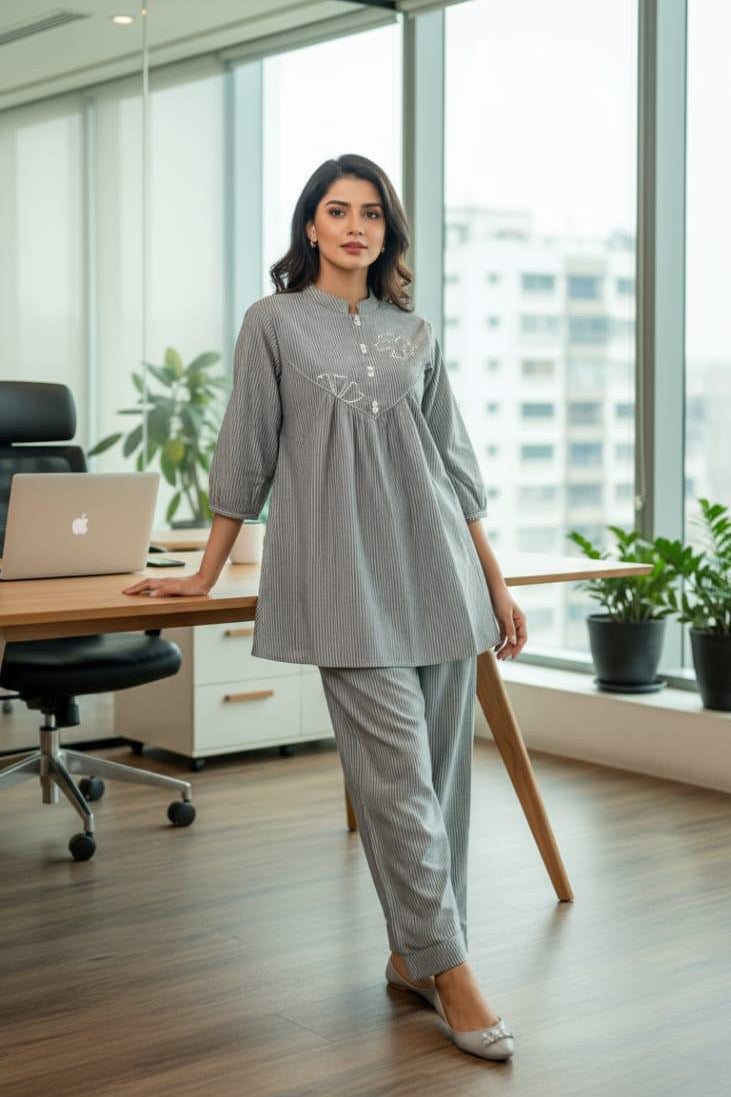 Grey cotton peplum co-ord set for women with straight pants