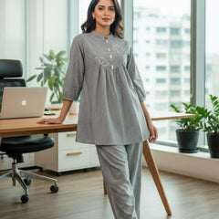Grey cotton peplum co-ord set for women with straight pants
