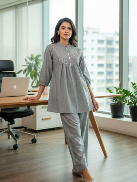 Grey cotton peplum co-ord set for women with straight pants