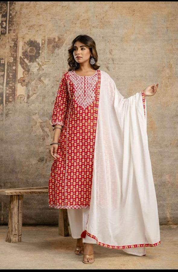 Ruby Blossom Cotton Kurta Set