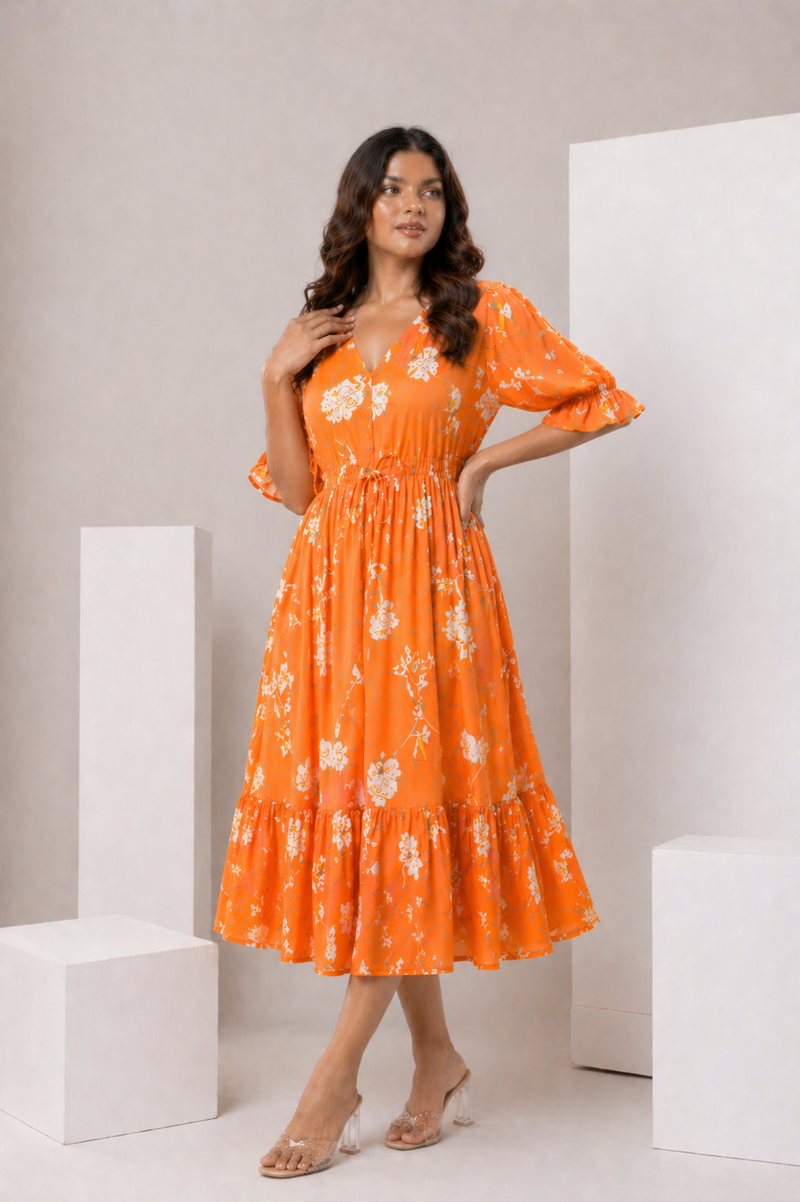 petal sleeve midi dress
