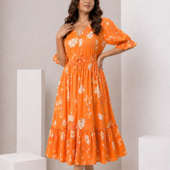 petal sleeve midi dress