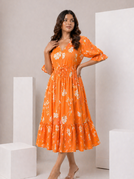 petal sleeve midi dress