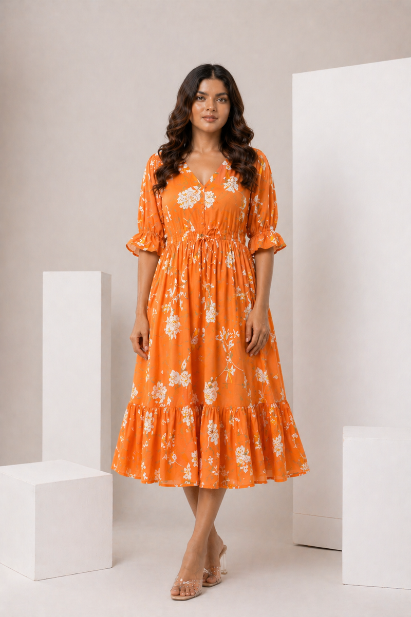 petal sleeve midi dress