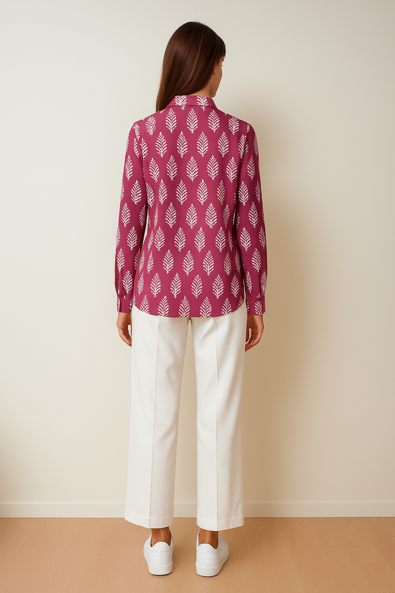 Magenta Leaf Print Flex Fabric Shirt