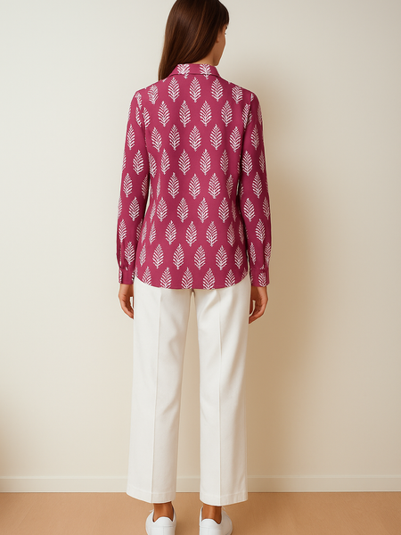 Magenta Leaf Print Flex Fabric Shirt