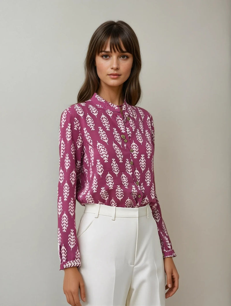 Magenta Leaf Print Flex Fabric Shirt
