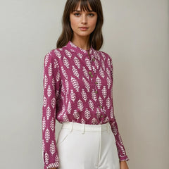 Magenta Leaf Print Flex Fabric Shirt