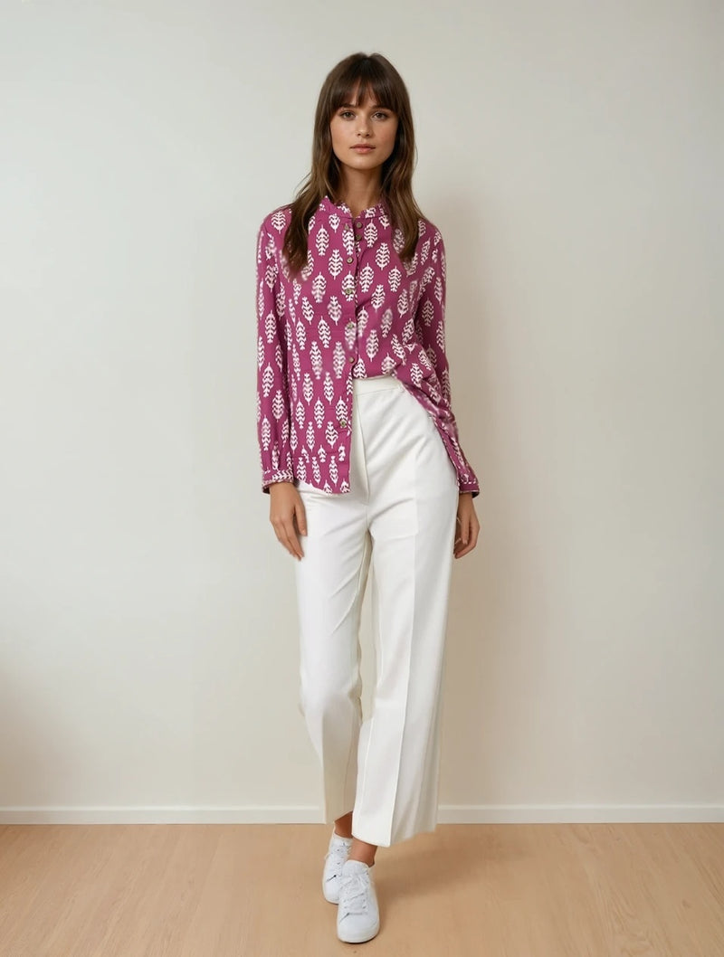 Magenta Leaf Print Flex Fabric Shirt