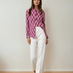 Magenta Leaf Print Flex Fabric Shirt